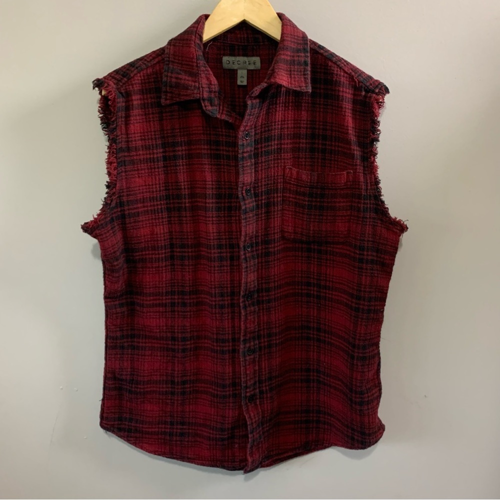 Decree Red and Black Plaid distressed mens vest